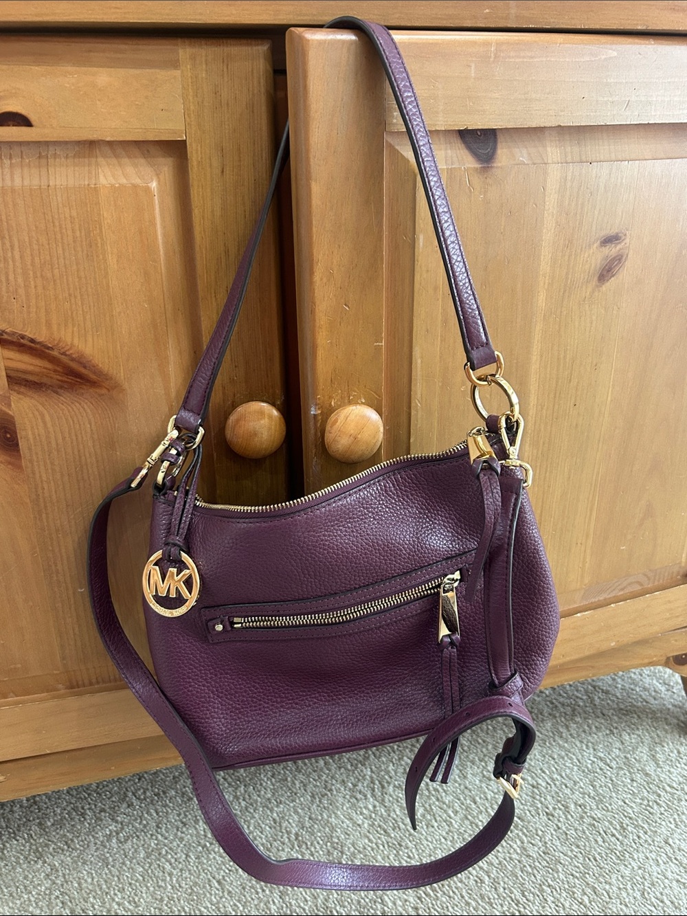 Michael Kors Purple Pebbled Leather Wine colored Shoulder Bag with Gold Hardware
